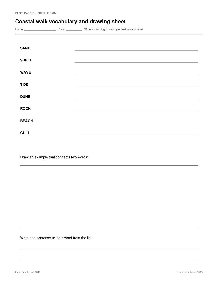 Preview of Coastal walk vocabulary and drawing sheet