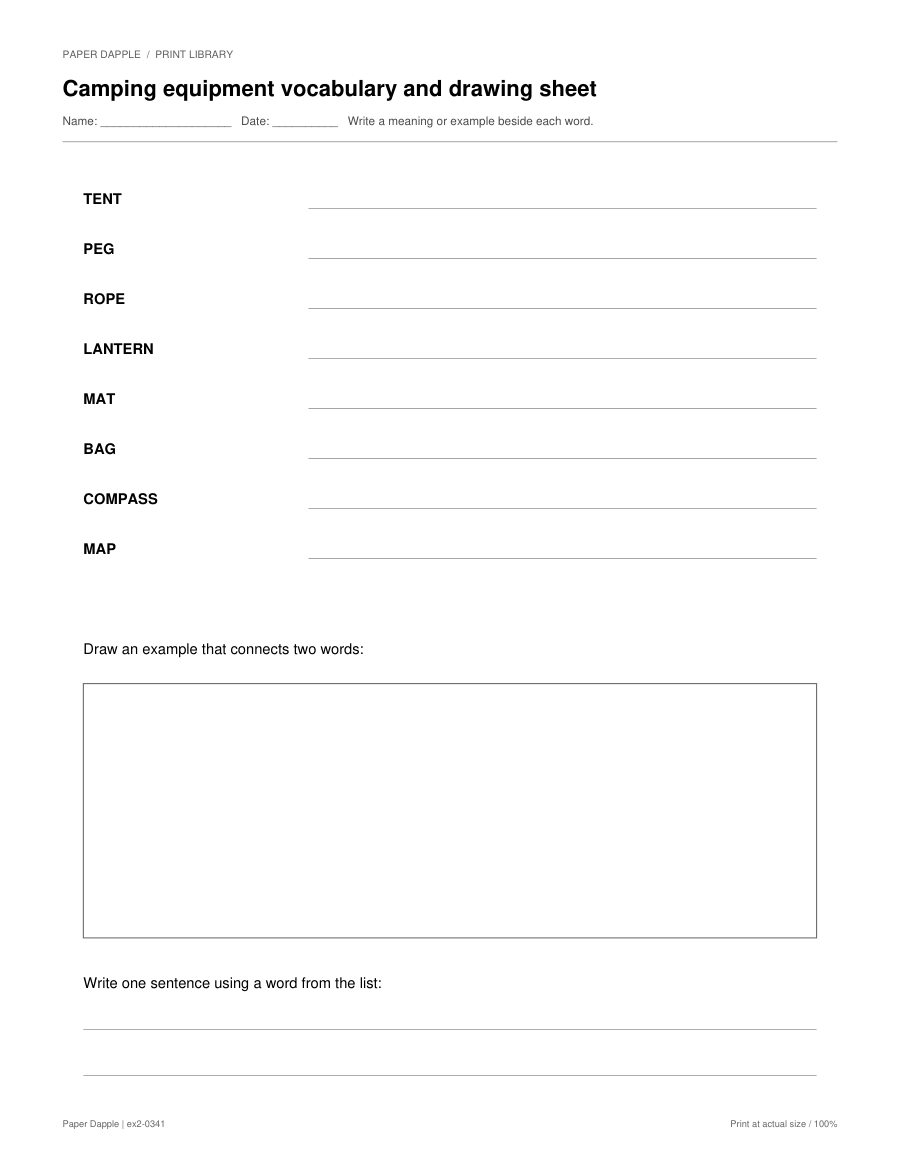 Preview of Camping equipment vocabulary and drawing sheet