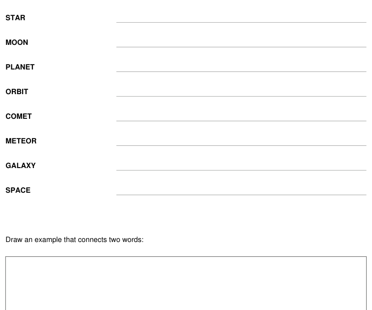 Preview of Night sky words vocabulary and drawing sheet