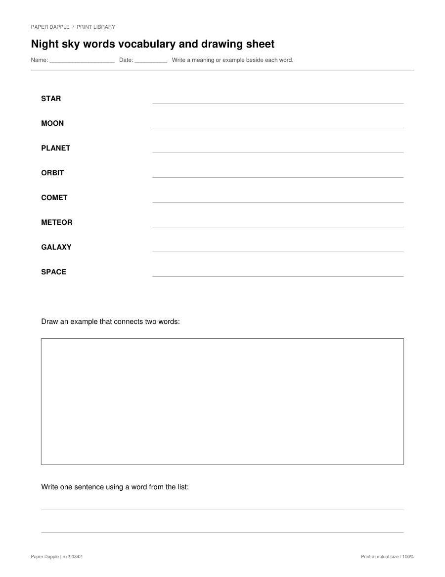 Preview of Night sky words vocabulary and drawing sheet