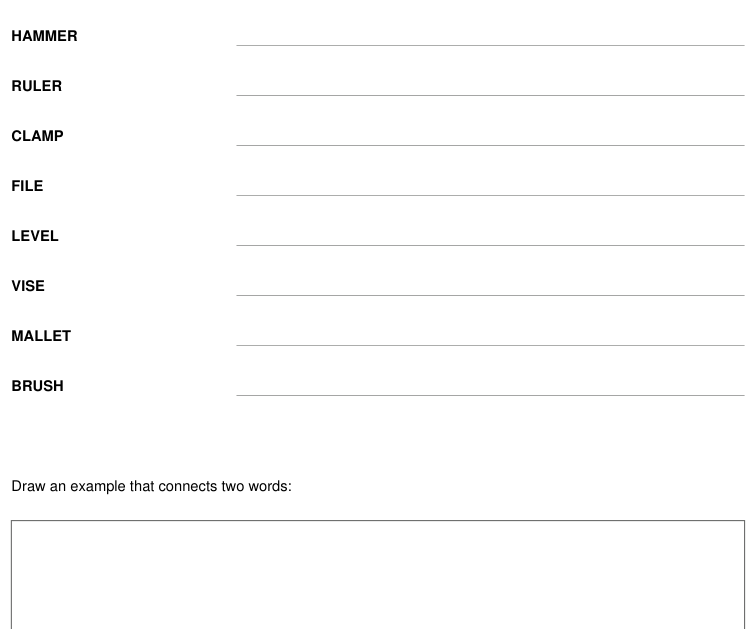 Preview of Workshop tools vocabulary and drawing sheet