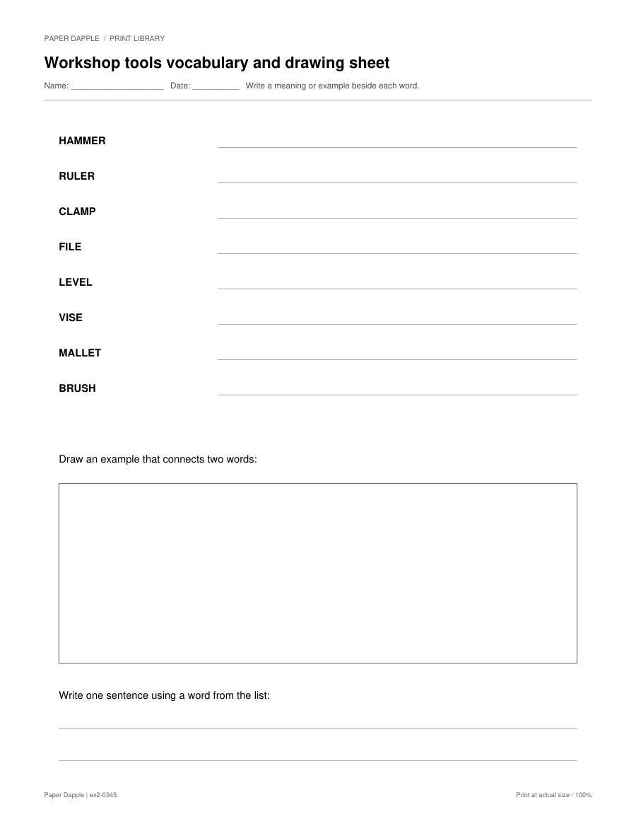 Preview of Workshop tools vocabulary and drawing sheet