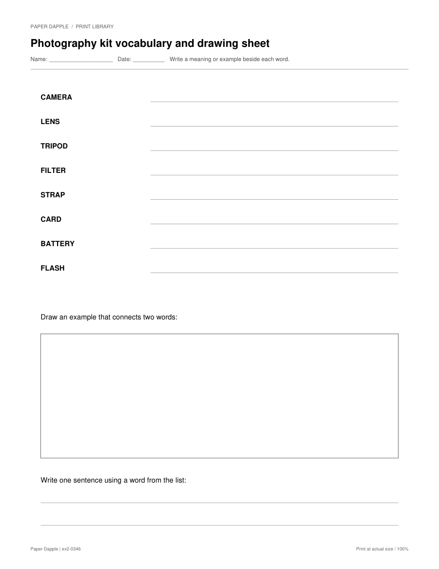 Preview of Photography kit vocabulary and drawing sheet