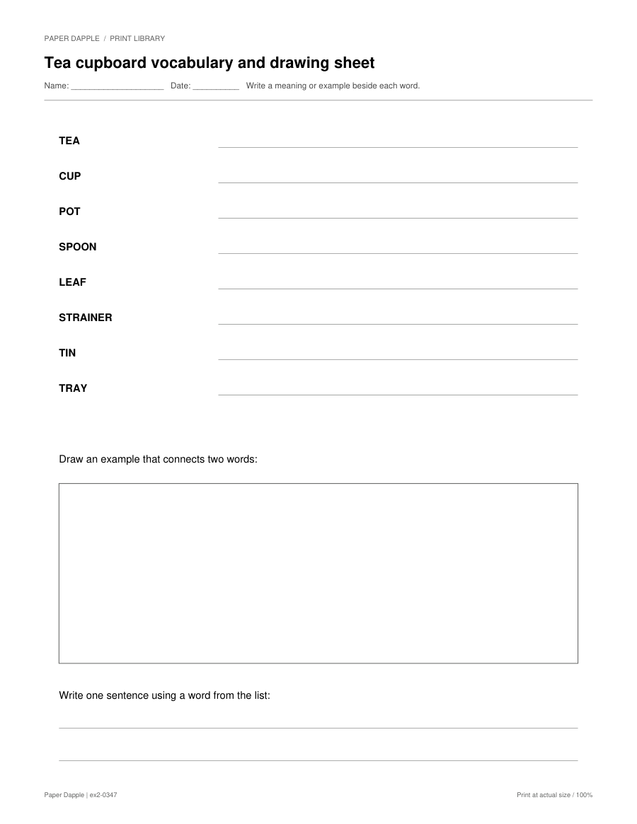 Preview of Tea cupboard vocabulary and drawing sheet