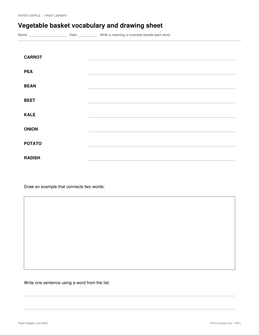 Preview of Vegetable basket vocabulary and drawing sheet