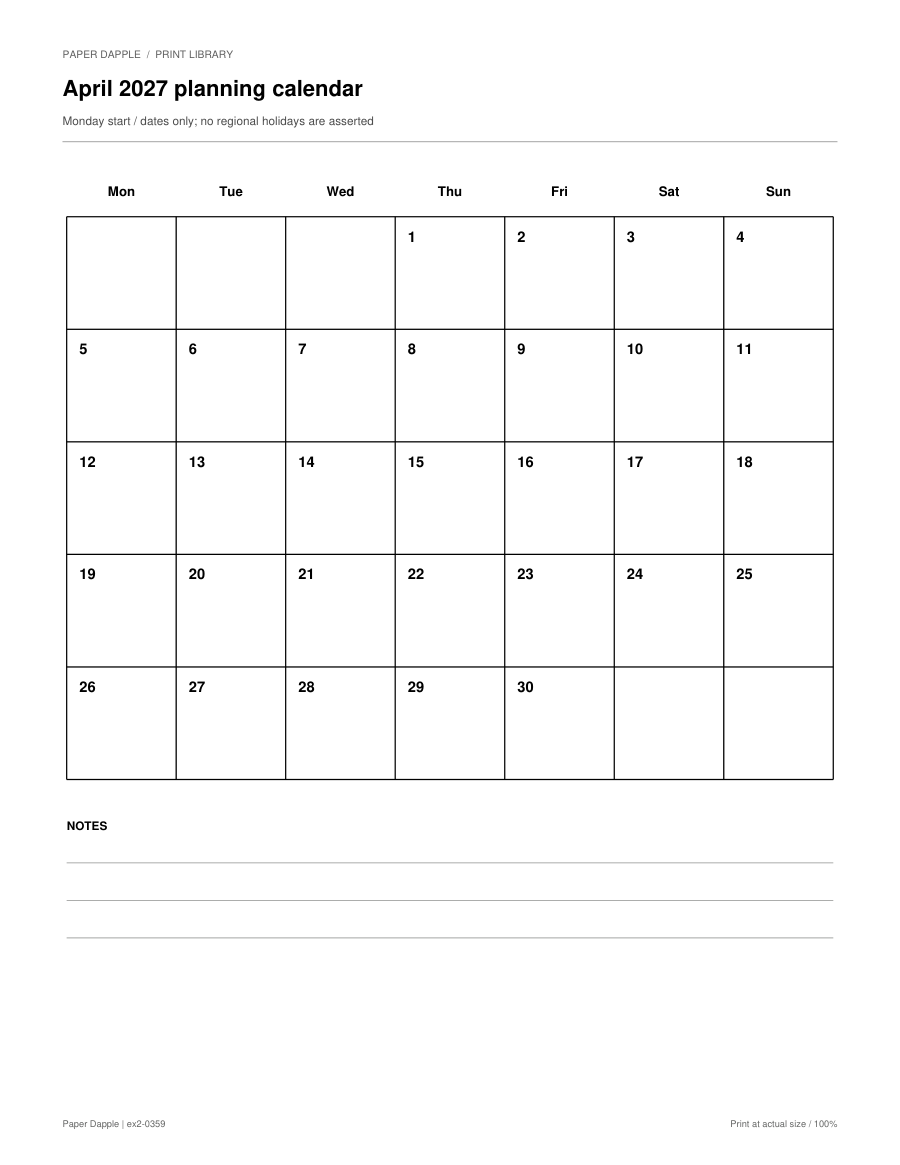 Preview of April 2027 planning calendar