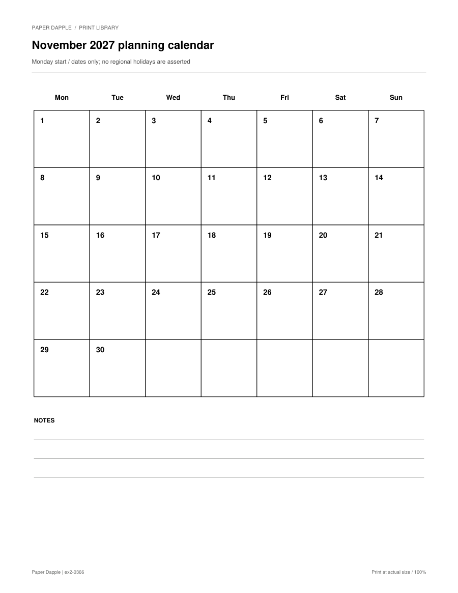 Preview of November 2027 planning calendar