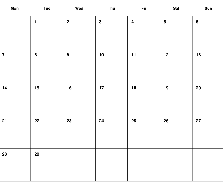 Preview of February 2028 planning calendar
