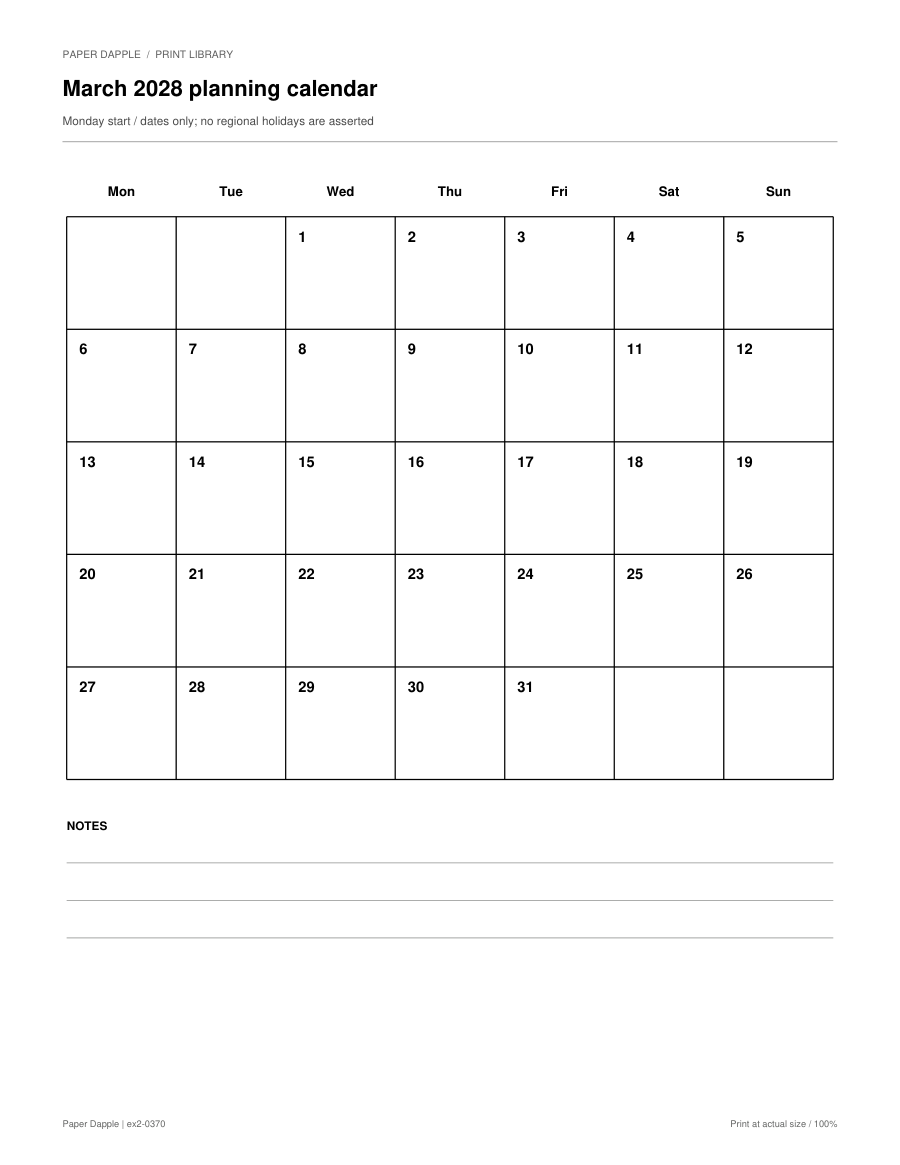 Preview of March 2028 planning calendar