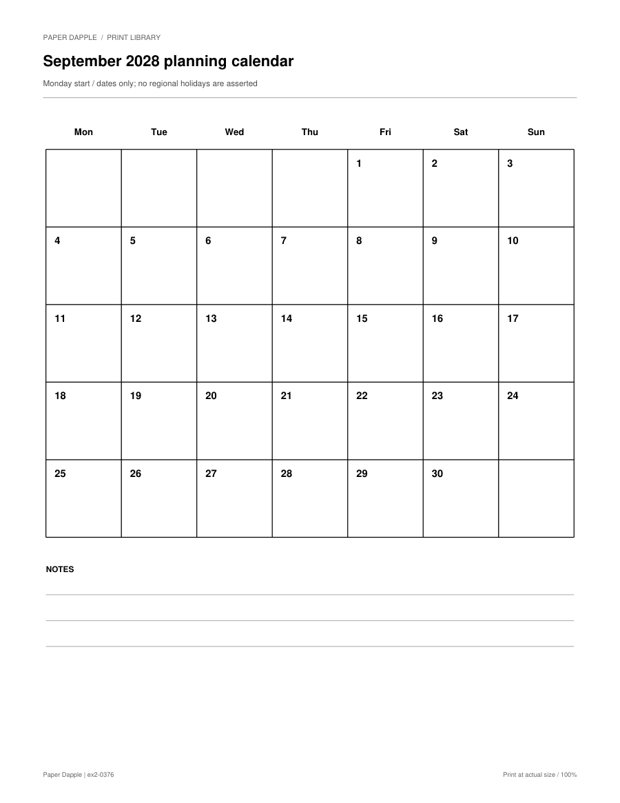 Preview of September 2028 planning calendar
