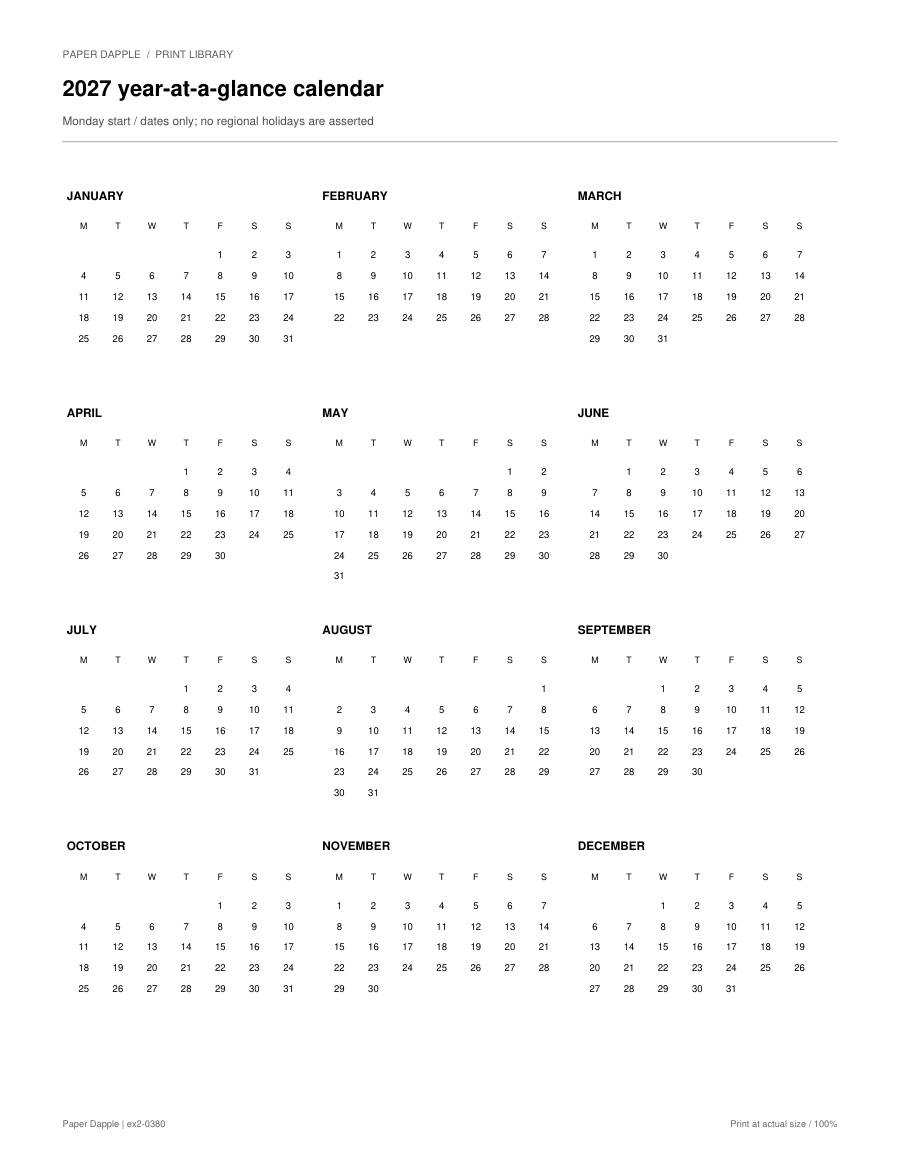 Preview of 2027 year-at-a-glance calendar