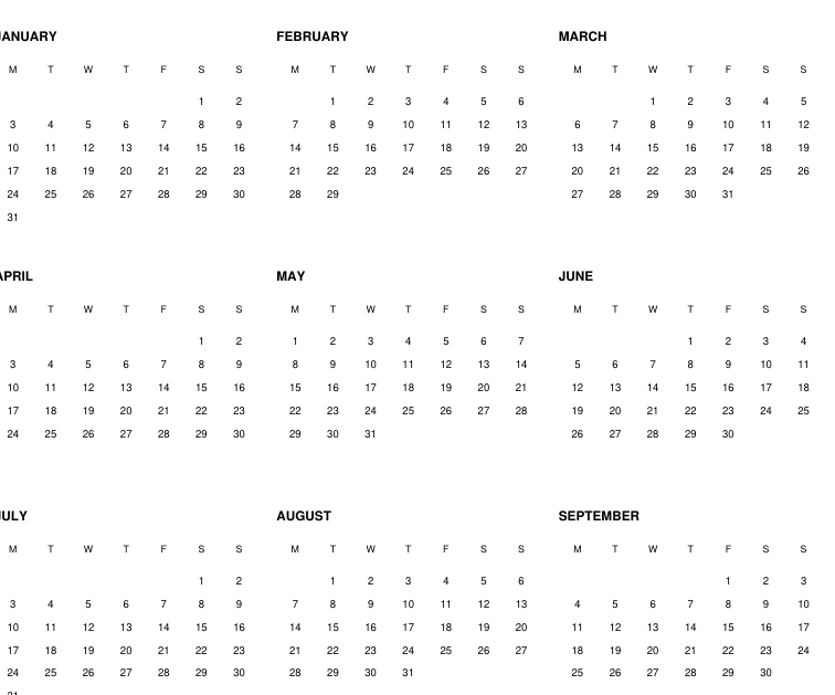 Preview of 2028 year-at-a-glance calendar
