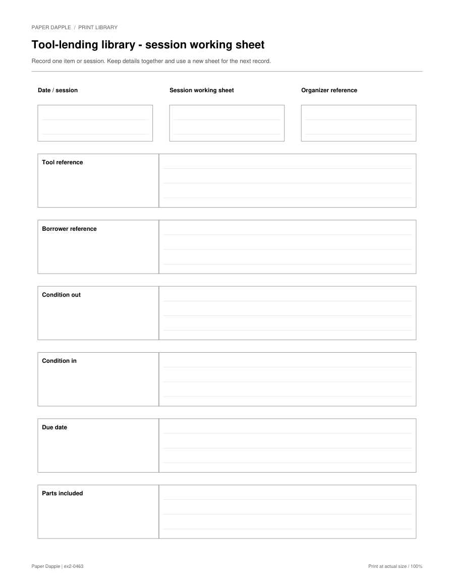 Preview of Tool-lending library - session working sheet