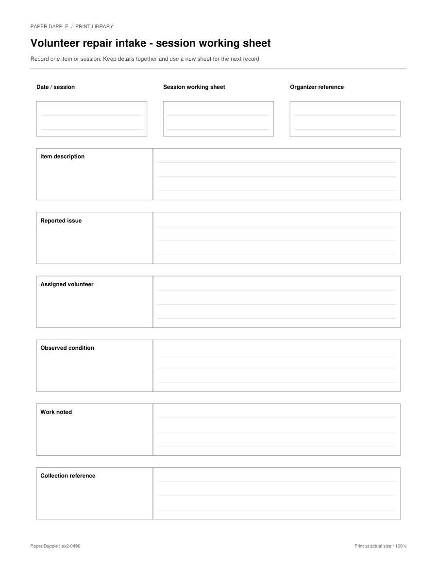 Preview of Volunteer repair intake - session working sheet