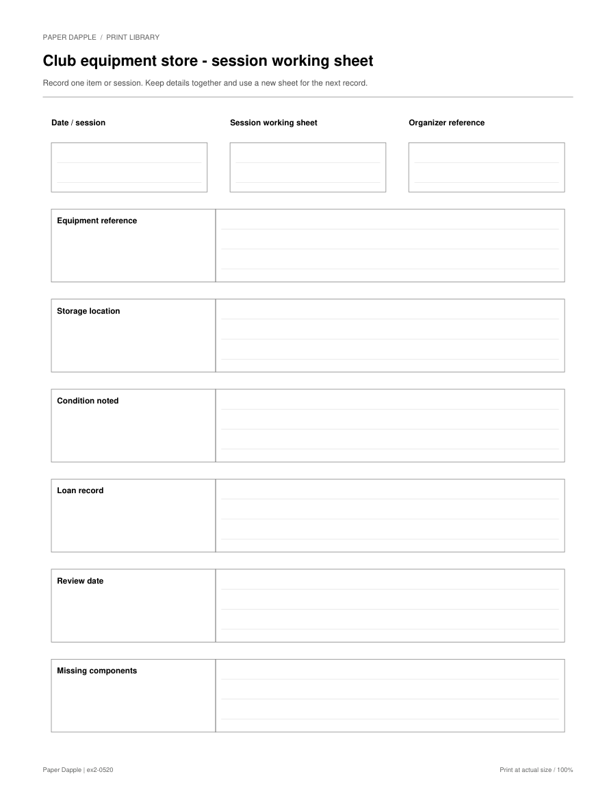 Preview of Club equipment store - session working sheet