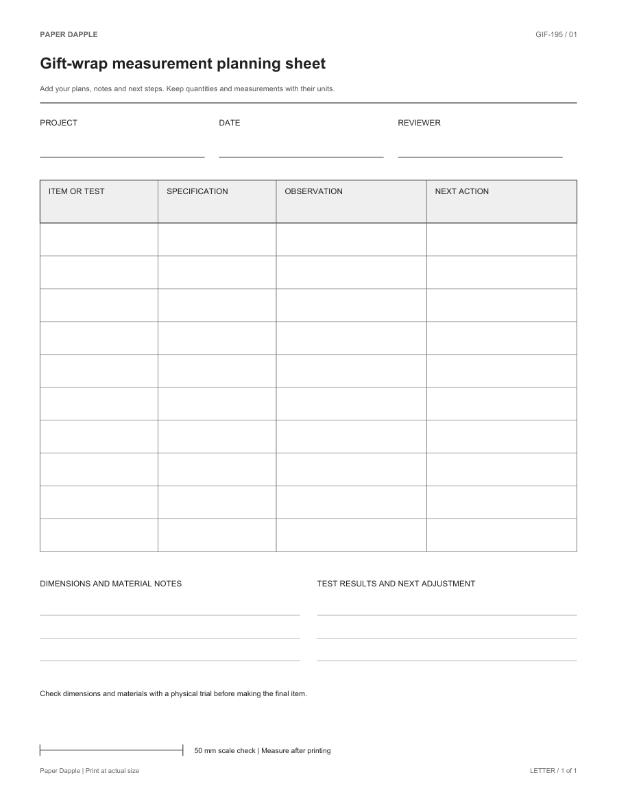 Preview of Gift-wrap measurement planning sheet