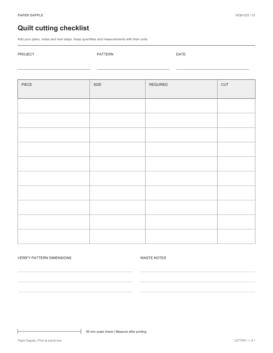 Preview of Quilt cutting checklist