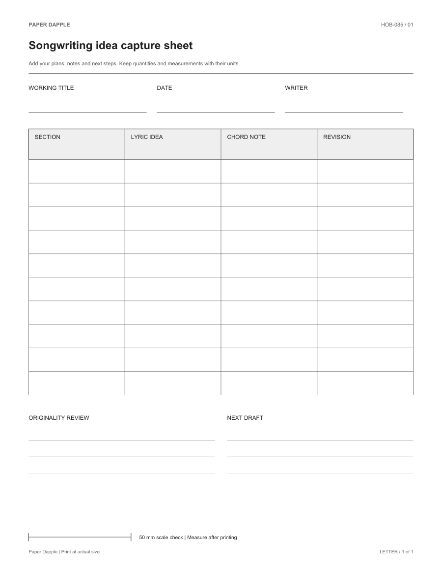 Preview of Songwriting idea capture sheet