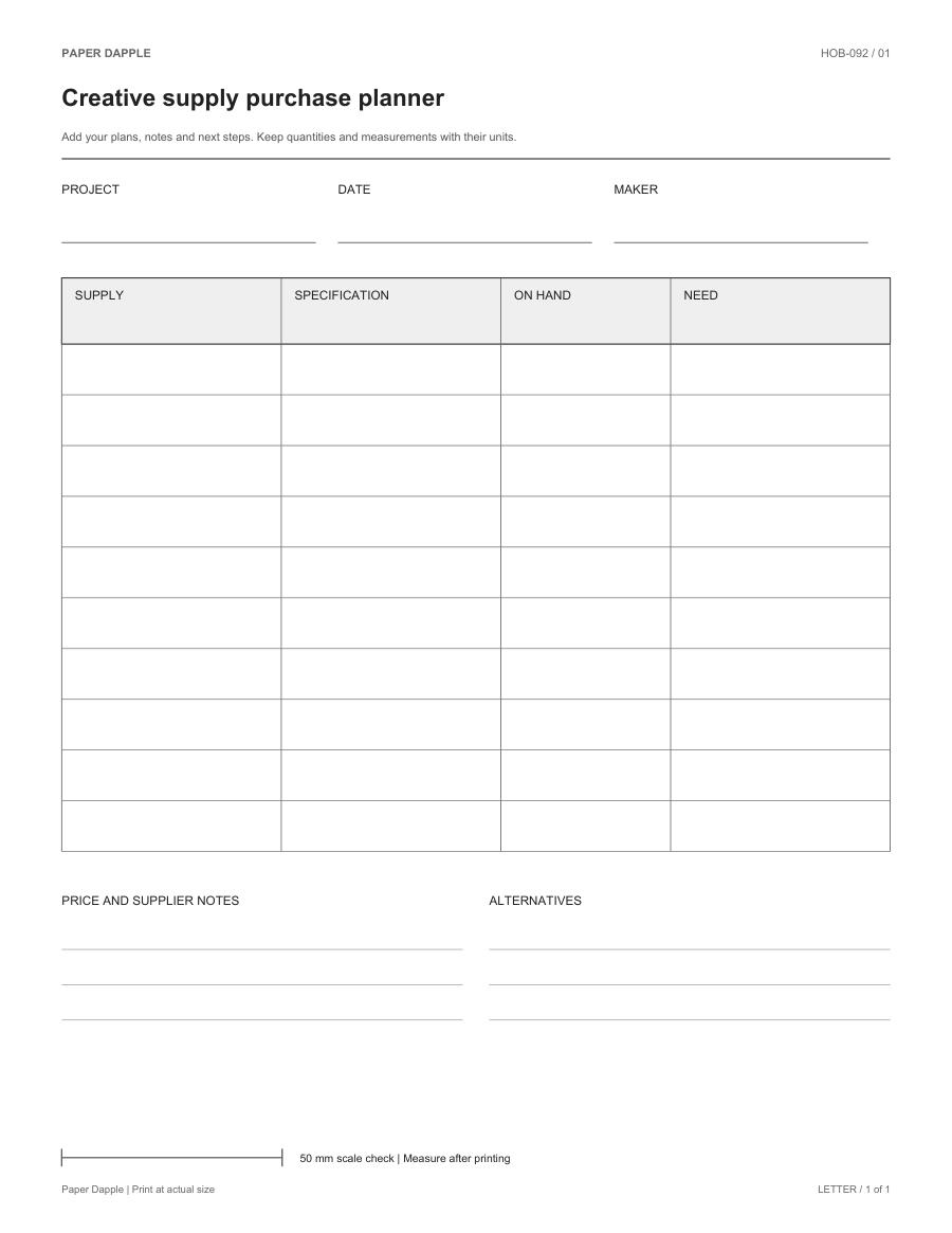 Preview of Creative supply purchase planner