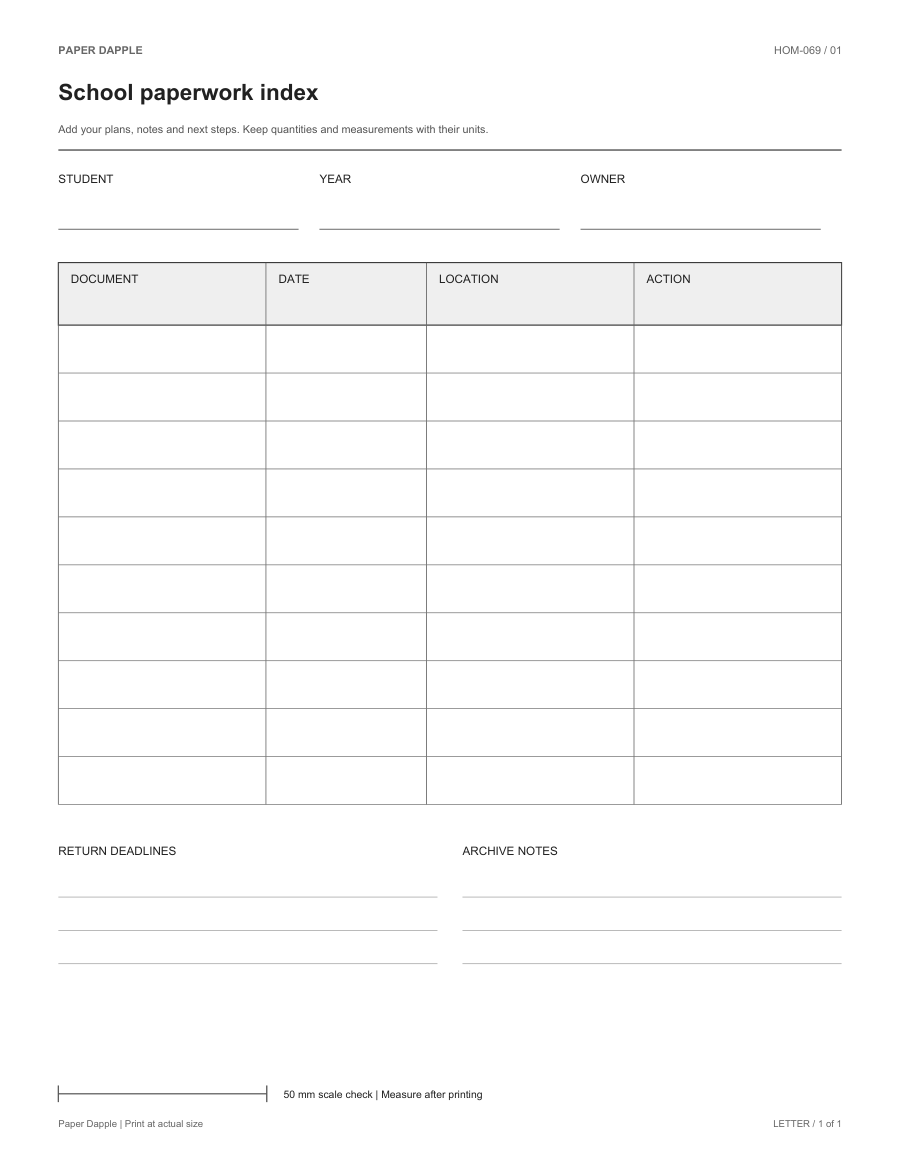 Preview of School paperwork index