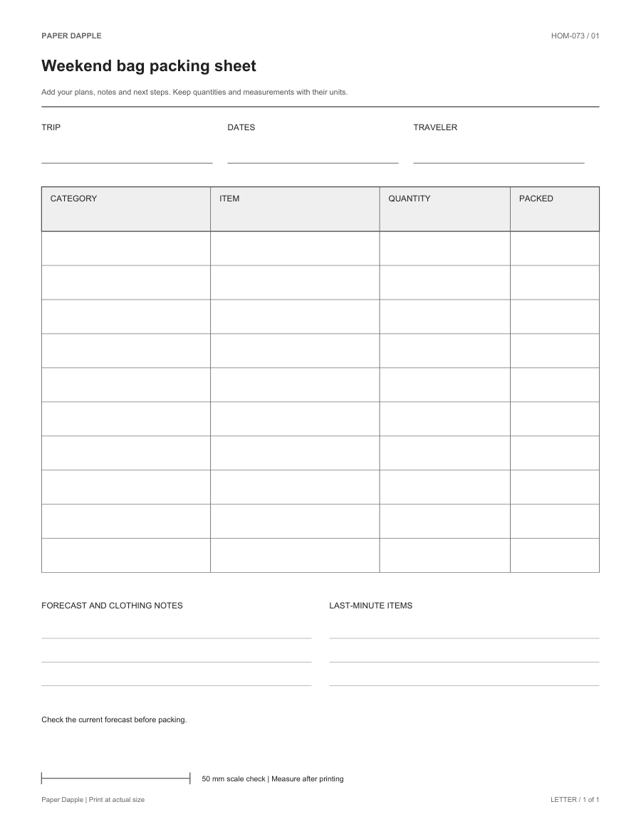 Preview of Weekend bag packing sheet