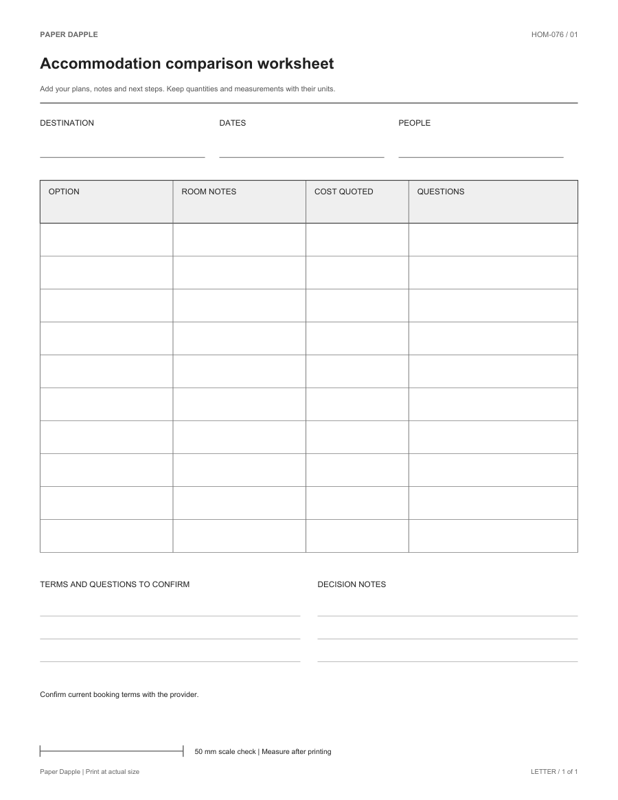 Preview of Accommodation comparison worksheet