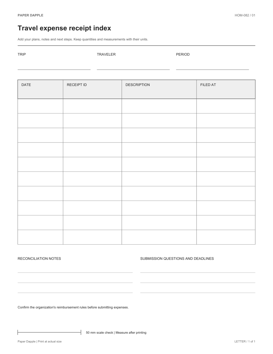 Preview of Travel expense receipt index