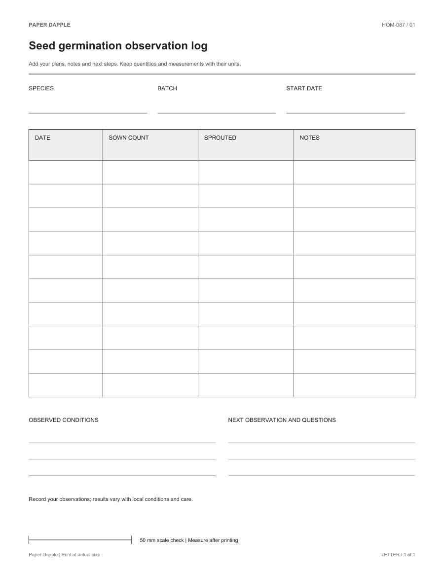 Preview of Seed germination observation log