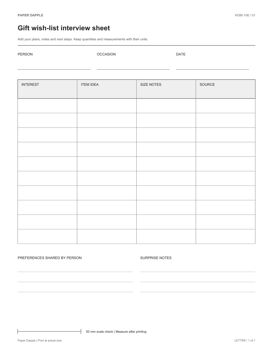 Preview of Gift wish-list interview sheet