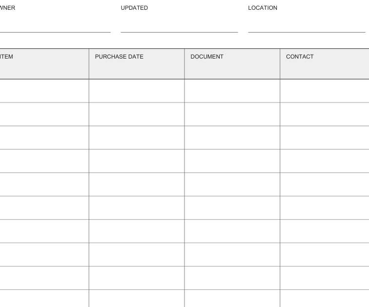 Preview of Warranty document index
