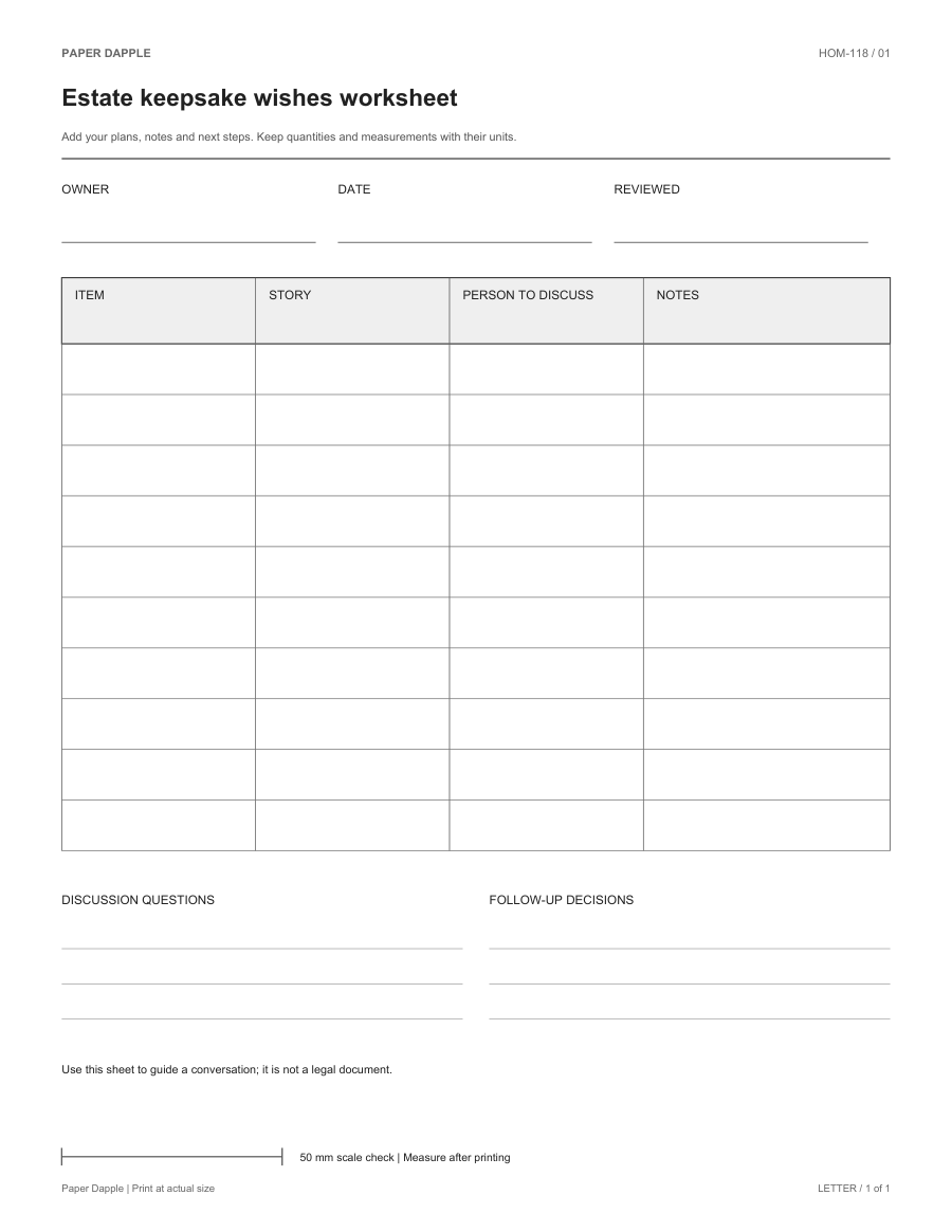 Preview of Estate keepsake wishes worksheet
