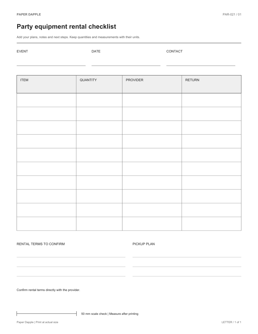 Preview of Party equipment rental checklist