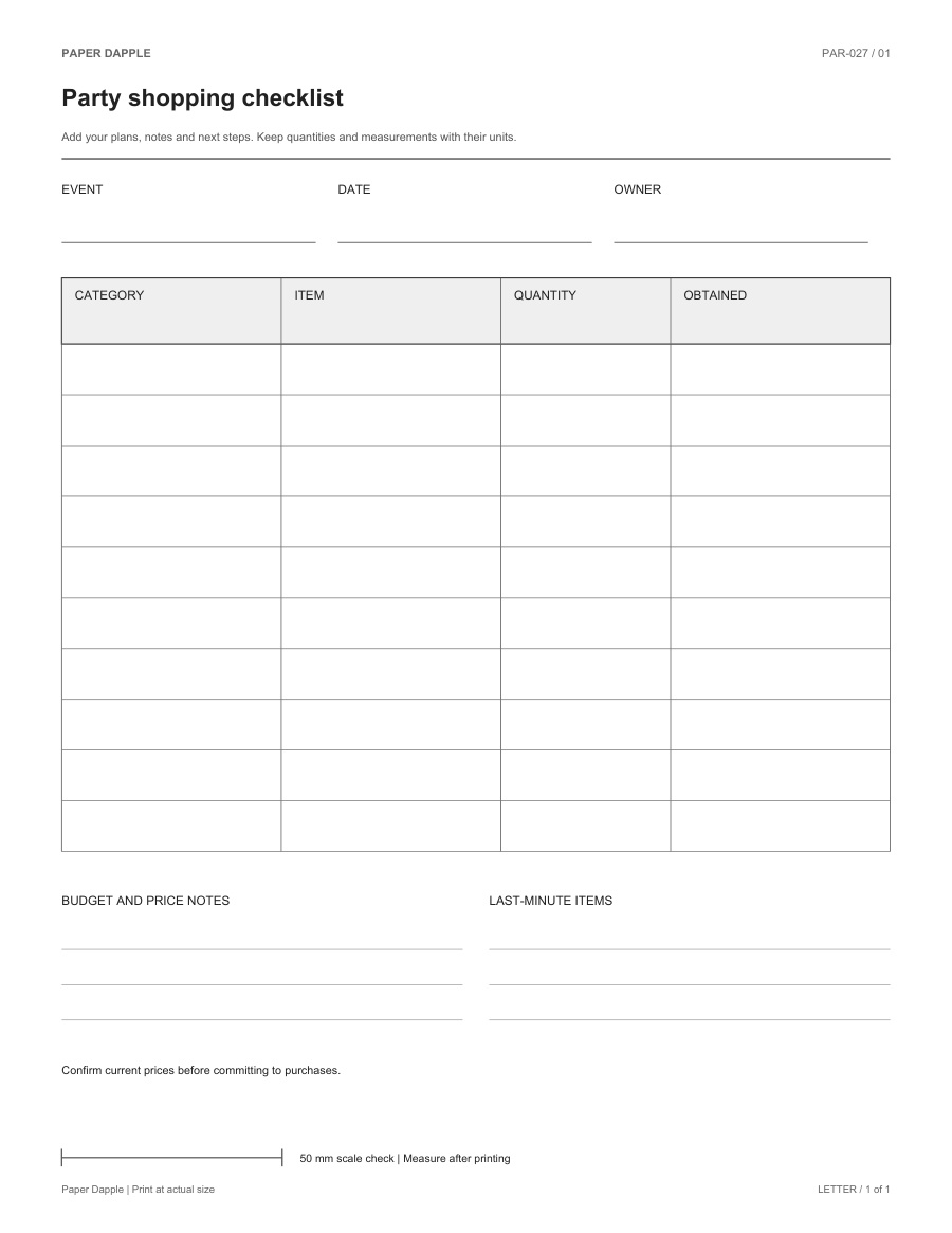 Preview of Party shopping checklist