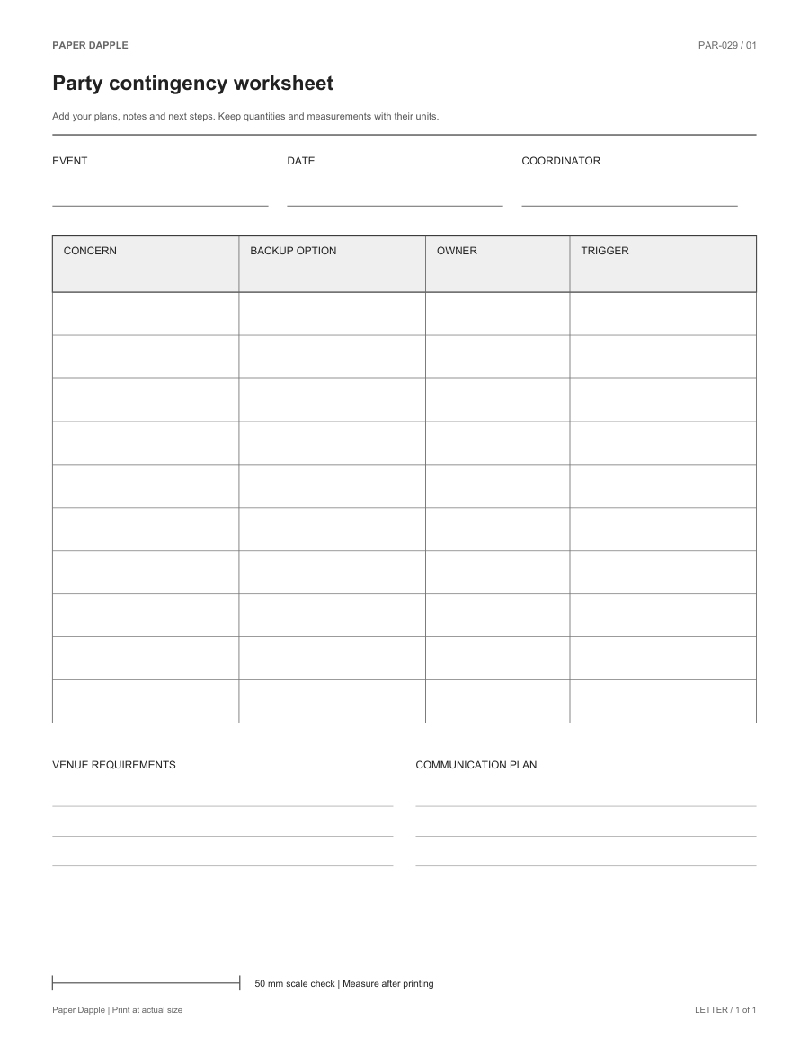 Preview of Party contingency worksheet