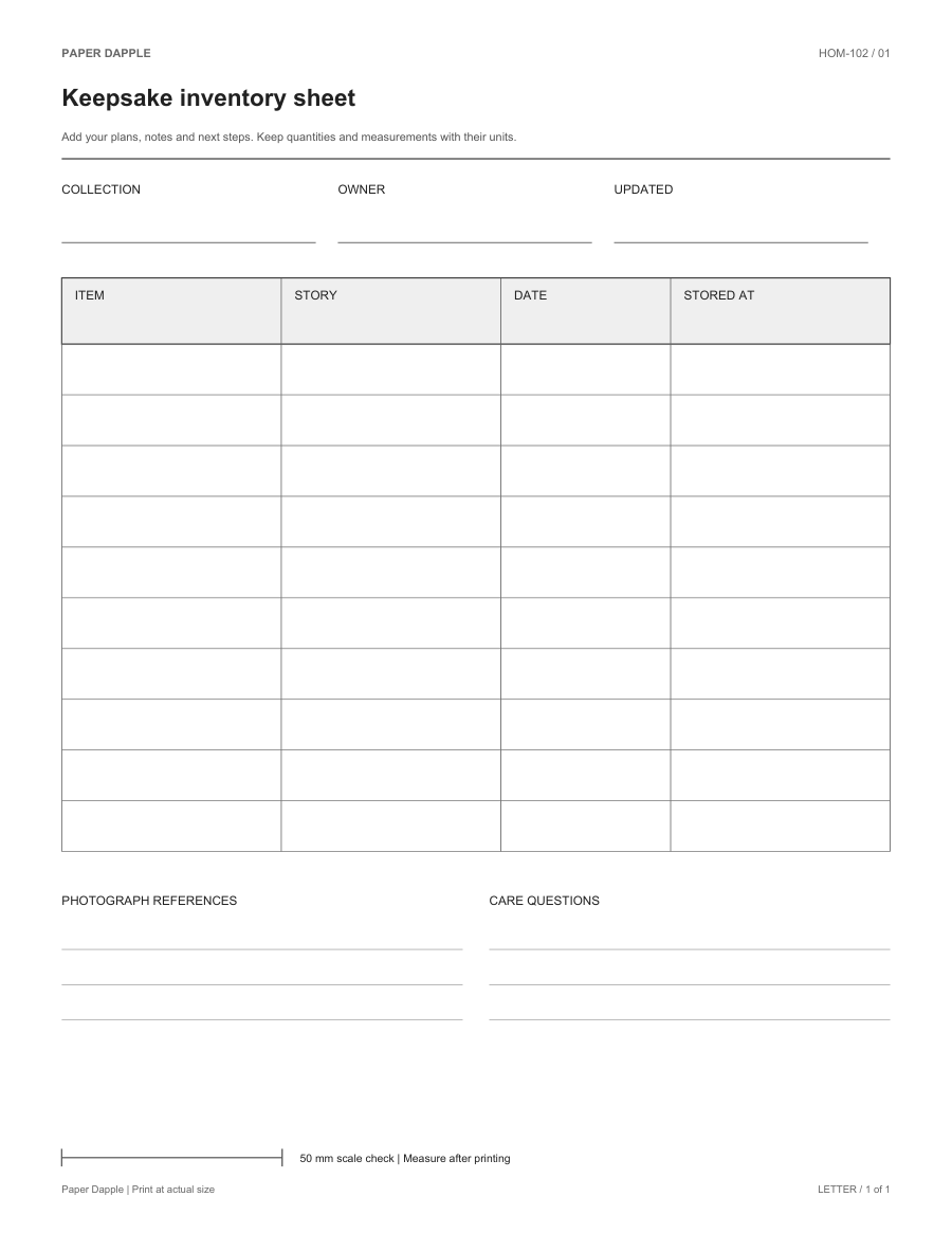 Preview of Keepsake inventory sheet
