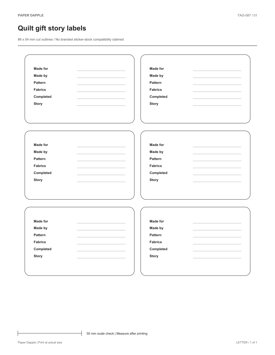Preview of Quilt gift story labels
